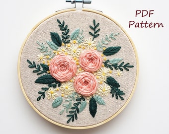 Flower embroidery pattern, pdf embroidery pattern, easy embroidery kit, rose embroidery pdf pattern, bouquet embroidery, simple embroidery