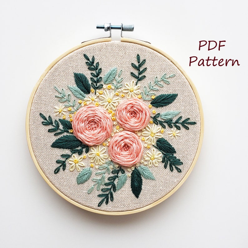 Flower embroidery pattern, pdf embroidery pattern, easy embroidery kit, rose embroidery pdf pattern, bouquet embroidery, simple embroidery image 1