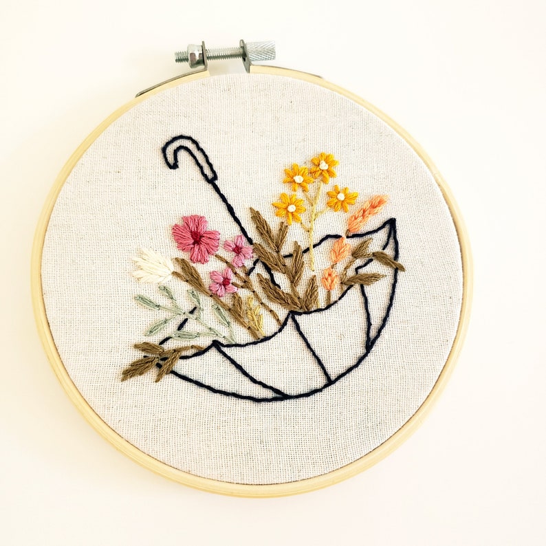 May include: Embroidered artwork in a wooden hoop. The design features a black outline of an umbrella filled with colorful flowers in shades of pink, yellow, and orange, with green and brown foliage. The background is a light beige fabric.