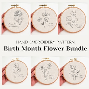 Geburtsmonat Blumen Stickmuster, Geburtstagsblume druckbare PDF Muster, florales Handstickerei Design, handgemachtes Geschenk zum Selbermachen, Wand