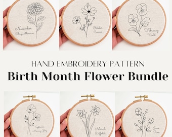 Birth month flower embroidery pattern bundle, birth flower printable PDF patterns, floral hand embroidery design, DIY handmade gift, wall
