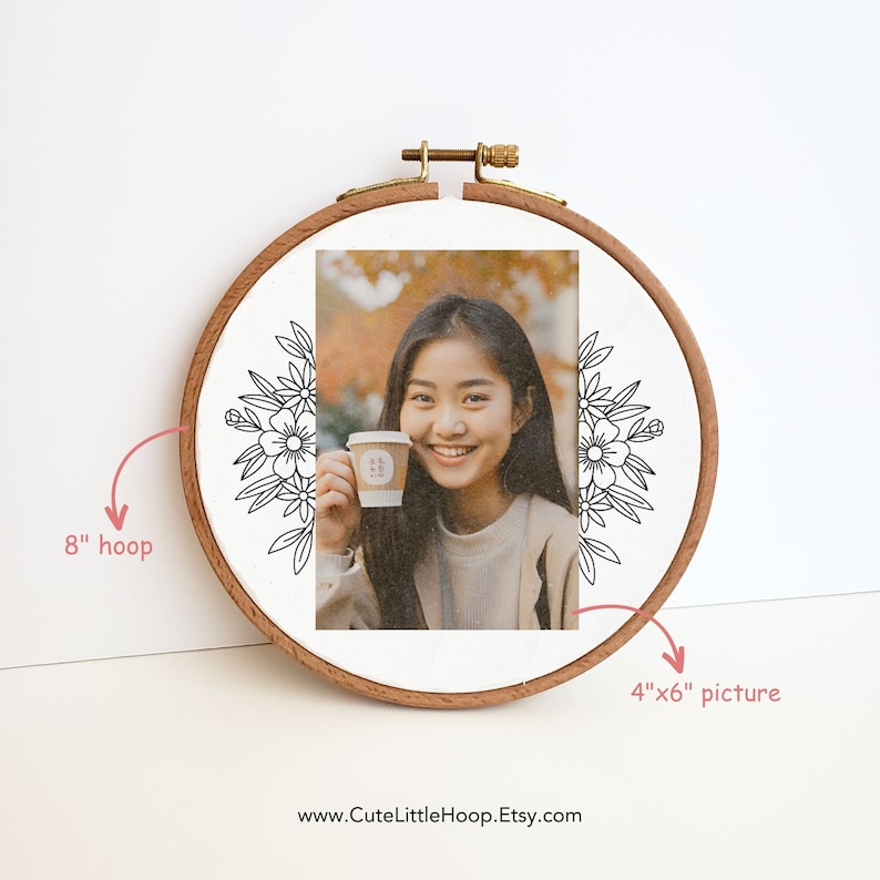 Floral photo frame embroidery pattern, floral picture frame hand embroidery design, digital PDF pattern, needlepoint beginner, DIY gift, 4x6