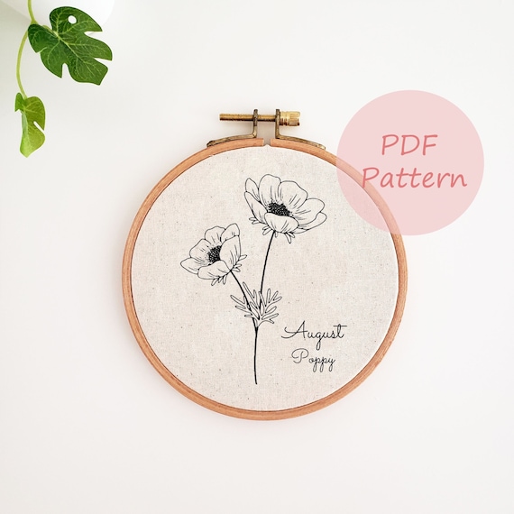 August birth month embroidery pattern, poppy flower hand embroidery design, printable PDF pattern, embroidery hoop art, DIY wall decor, gift