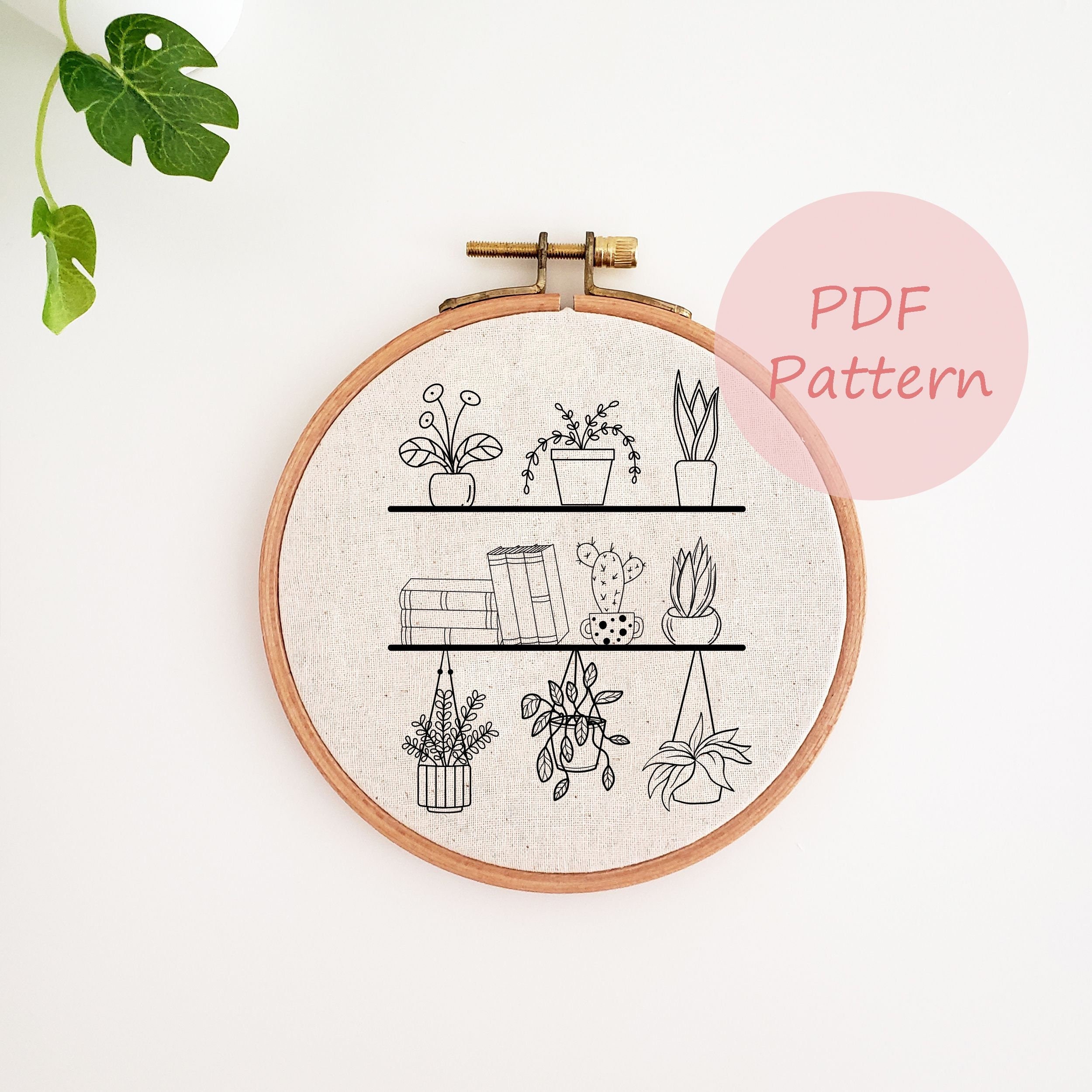 Houseplant With Bookshelf Embroidery Pattern, Hanging Plant Book Hand ...