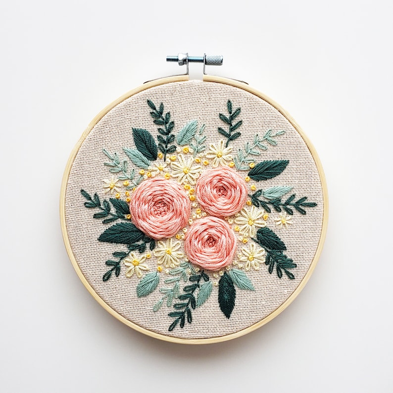 Flower embroidery pattern, pdf embroidery pattern, easy embroidery kit, rose embroidery pdf pattern, bouquet embroidery, simple embroidery image 3