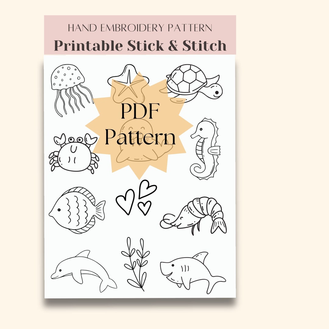 Printable Stick and Stitch, Sea Animal, Ocean Animal, Fish, Shark PDF Hand Embroidery Design ...