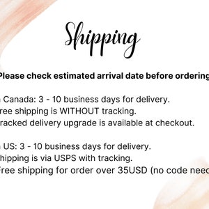 May include: Shipping information for orders in Canada and the US. Orders in Canada take 3-10 business days for delivery with free shipping without tracking. Orders in the US take 3-10 business days for delivery with free shipping via USPS with tracking for orders over 35 USD.