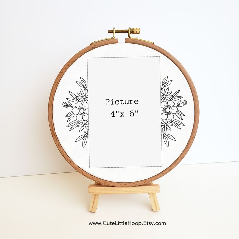 Floral photo frame embroidery pattern, floral picture frame hand embroidery design, digital PDF pattern, needlepoint beginner, DIY gift, 4x6