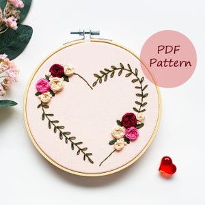 Heart wreath embroidery pattern, cross stitch pattern, wedding embroidery pattern, embroidery PDF, rose embroidery design, floral embroidery