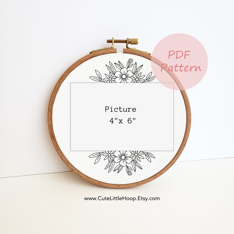 Floral photo frame embroidery pattern, floral picture frame hand embroidery design, digital PDF pattern, needlepoint beginner, DIY gift, 4x6