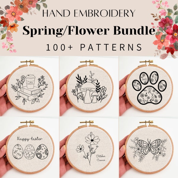 Flower embroidery pattern bundle, spring wildflower hand embroidery design, botanical printable PDF pattern, floral beginner DIY needlepoint