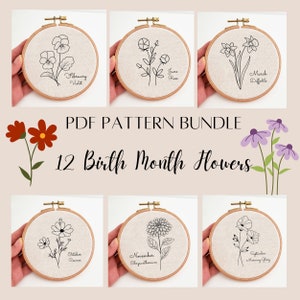 Birth month flower embroidery pattern bundle, birth flower printable PDF patterns, floral hand embroidery design, DIY birthday gift, wall