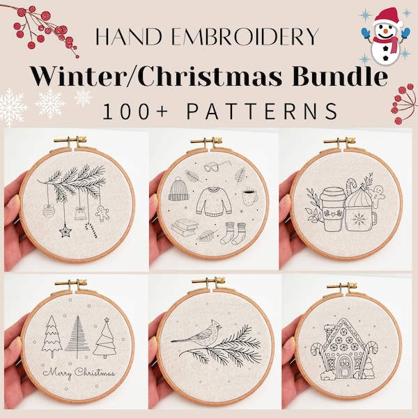 Christmas winter embroidery pattern bundle, ornament hand embroidery design, holiday printable PDF pattern, DIY project, home wall decor