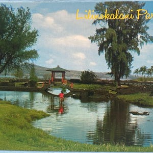 May include: A vintage postcard featuring Liliuokalani Park, Hilo, with text in yellow script. The scene shows a tranquil pond, a small arched bridge leading to a traditional gazebo, lush green grass, tall trees, and a blue sky with clouds.