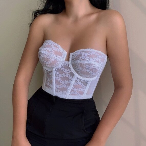 70s Vintage White Lace Corset Bustier Top