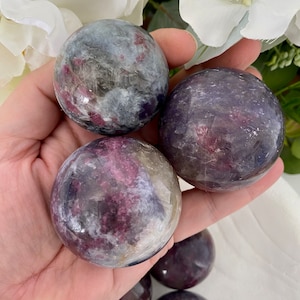 Unicorn Crystal Spheres (Lepidolite, Pink Tourmaline, Smoky Quartz, Cleavelandite) You Choose, Sphere Stand Included