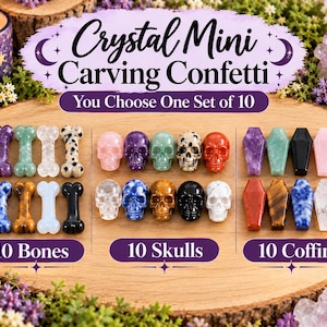 May include: A collection of small crystal carvings arranged in three groups labeled Crystal Mini Carving Confetti. The sets include 10 bone-shaped, 10 skull-shaped, and 10 coffin-shaped stones in various colors, textures, and mineral patterns.