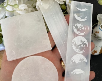 Selenite Plates - Circles, Squares, Rectangles, Carved