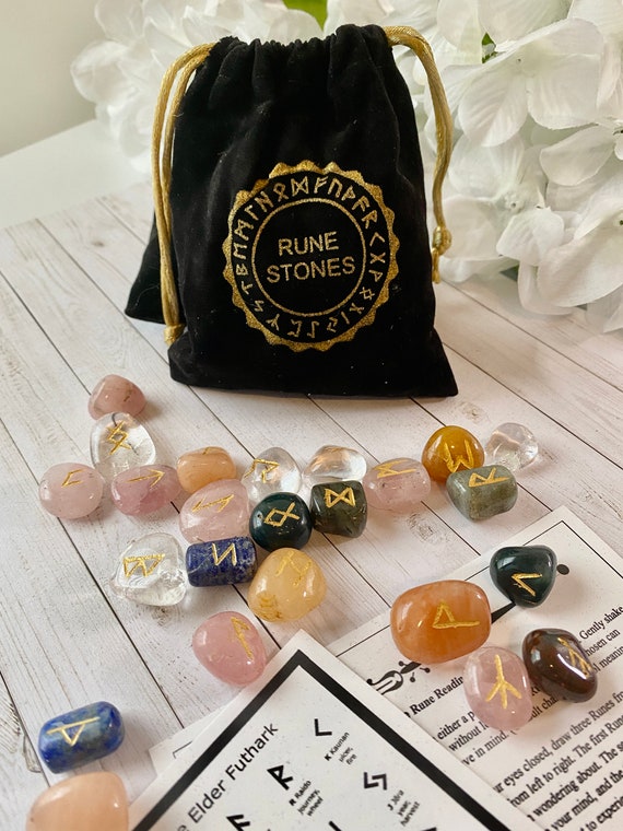 Engraved Crystal Rune Stone Sets, Divination Stones, Norse Symbols and Spiritual Guidance Tools