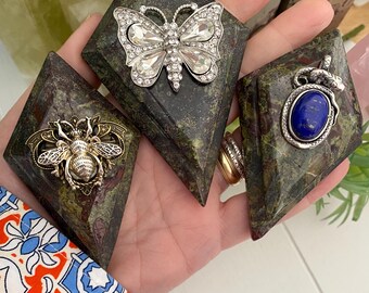 Dragon’s Blood Stone, Double Diamond Carving with Stand & Removable Charm – Choose Bee, Butterfly, or Dragon
