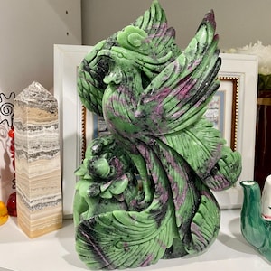 Ruby Zoisite Phoenix Sculpture – Hand-Carved Crystal Bird Statue – Transformation, Rebirth & Heart Energy Stone