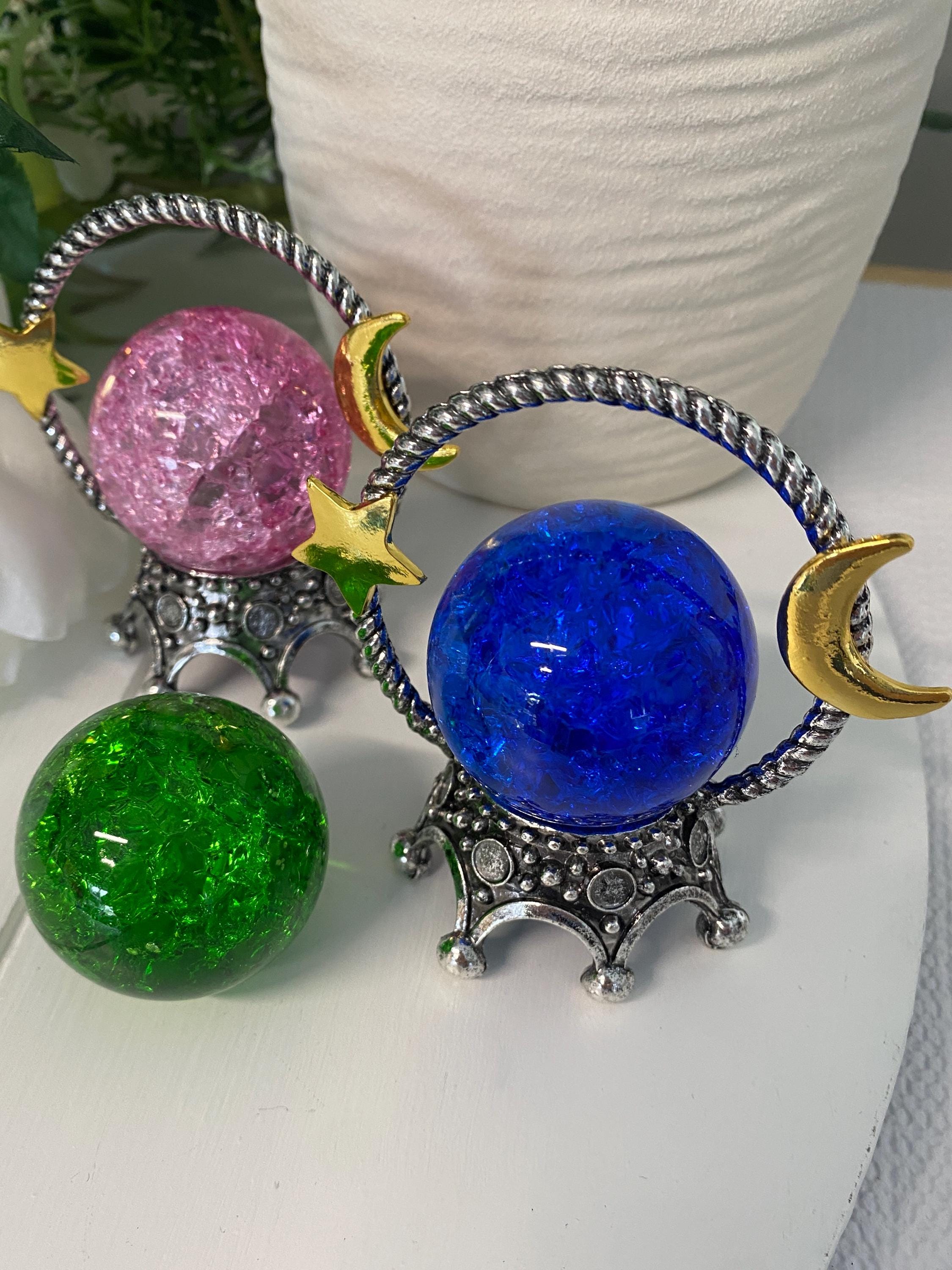 Crackle Glass Spheres with Moon and Star Stand (You choose color of sphere)