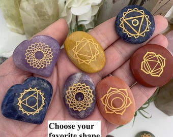Chakra Engraved Stones, Set of 7, Gold Etched Symbols (Storage Pouch Included)