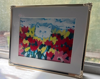 Flower field cat Handmade painting