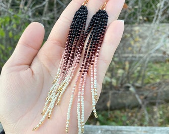 Earth Tone Medium Length Earrings, Beaded Fringe Earrings, Seed Bead Dangle Earrings, Maroon Earrings, Bone Maroon Dangling Earrings, Dainty