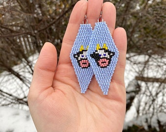 Whimsical Cow Ear Candy: Handwoven Kawaii Earrings in Pastel Blue and Purple