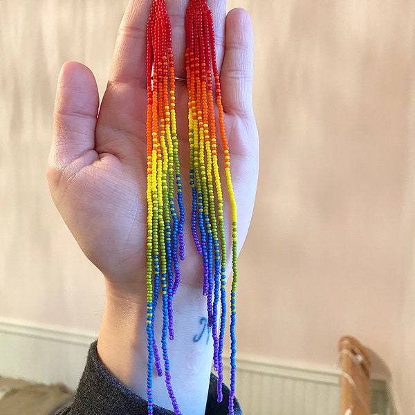 Pride LGBT Rainbow Seed Bead Fringe Dangling Earrings, Handmade Beaded Rainbow Jewelry, Colourful Long Bead Dangle Earrings, Boho Gift
