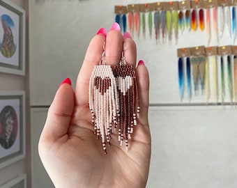 Beaded Heart Dangle Earrings, Brown Fringe, Stainless Steel