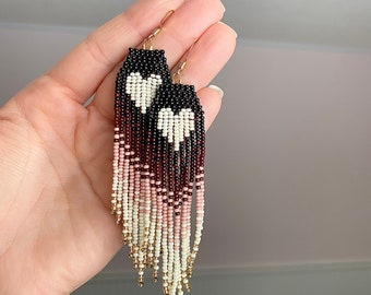 Boho Chic Brown Fringe Earrings with Heart Beads - Earthy Aesthetic, Trendy Medium Length, Glass Bead Dangle Earrings, 18k Gold Plated