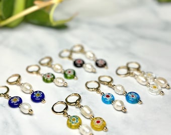 Boho Chic Pearl Earrings with Vibrant Millefiori Beads and Gold Huggie Hoops, Elegant Freshwater Pearl Earrings with Colorful Floral Beads