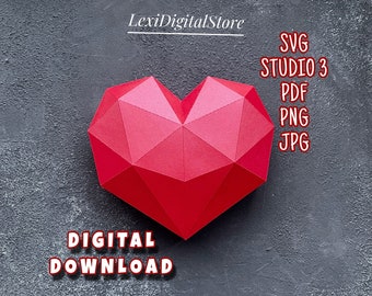 3D Heart box SVG, Studio3, Pdf, Png. Valentine's day gift box SVG, heart gift box, Heart box template, DIY gift box, instant download