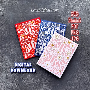Tarjeta de boda SVG / Mr & Mrs Card SVG / Papercut Mr and mrs Card svg / Tarjeta de aniversario svg / Plantilla de tarjeta de felicitación de boda svg png studio3