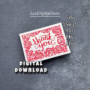 May include: A white card with a red rose border and the text "thank you" in red cursive lettering. The card is on a gray textured background. The text "DIGITAL DOWNLOAD" is below the card. The text "SVG Studio3 PDF PNG JPG" is to the right of the card.