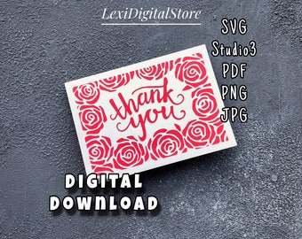 SVG Thank You Card Template, Floral Thank You Card. Instant digital download. Cricut, Silhouette. SVG Studio3 PNG Pdf Jpg files.