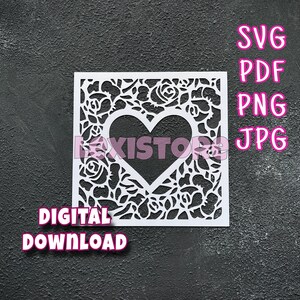 Frame with heart, Floral card, Design SVG, PNG, PDF, jpg, Floral heart, cutting machine or hand-cutting, Vinyl template, Papercut template