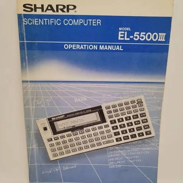 The Sharp EL-5500III is a programmable calculator with 12 digits precision and formula input logic. It has an unknown number of functions, 7