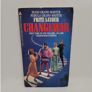 May include: A book cover with a blue background and a white, black, and red striped crosswalk. The title "CHANGEWAR" is in large, white letters. The text "HUGO GRAND MASTER" and "NEBULA GRAND MASTER" are in smaller white letters. The author's name, "FRITZ LEIBER", is in white letters. The text "FIRST TIME IN ONE VOLUME-ALL HIS CHANGEWAR STORIES!" is in white letters.