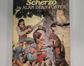 May include: A book cover with the title "Spellsinger's Scherzo" by Alan Dean Foster. The cover features a colorful illustration of a group of animals dancing, including a fox, a pig, a cat, a raccoon, a turtle, an owl, and a beaver.