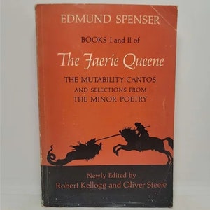 May include: A vintage book titled "The Faerie Queene" by Edmund Spenser. The cover is orange with black text and a silhouette illustration of a knight on horseback. The book is a collection of poetry.