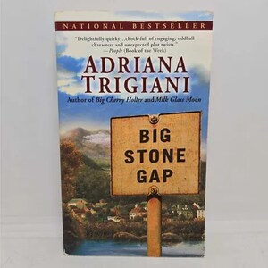 May include: A book cover with a blue sky and green hills in the background. The book title is "Big Stone Gap" and the author is Adriana Trigiani. The book is a national bestseller.