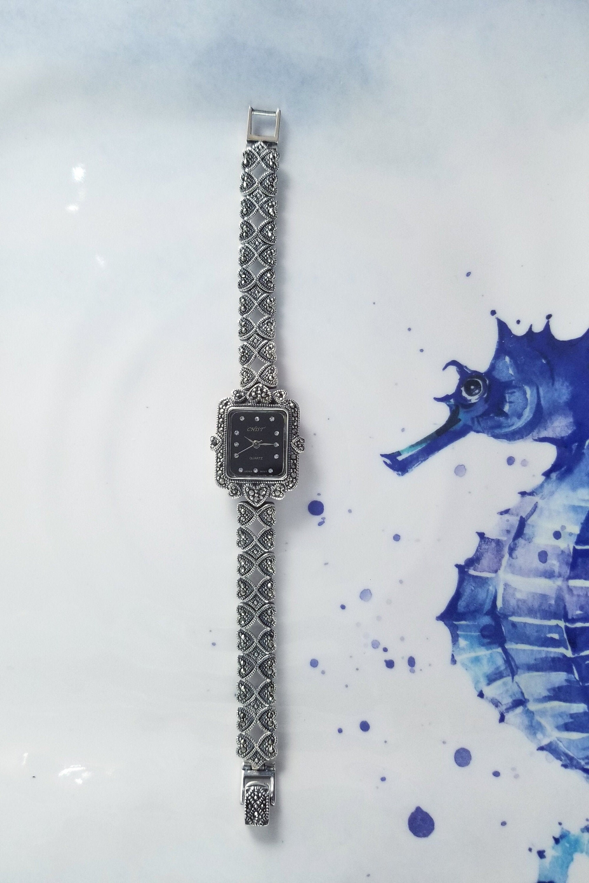 CHIST Quartz Japan movt and glass surface design with square shape sterling silver watch with precious heart band