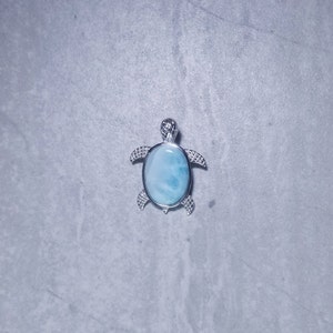Oval Larimar with turtle designed sterling silver pendant