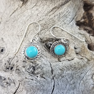 Southwest Round 6mm Kingman Turquoise sterling silver dangle earrings