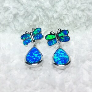 Dragonfly and teardrop Blue fire opal Sterling silver stud earrings