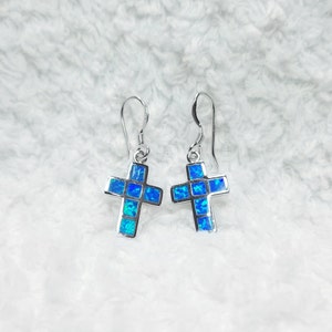 Cross Blue fire opal Sterling silver small dangle/drop opal earrings