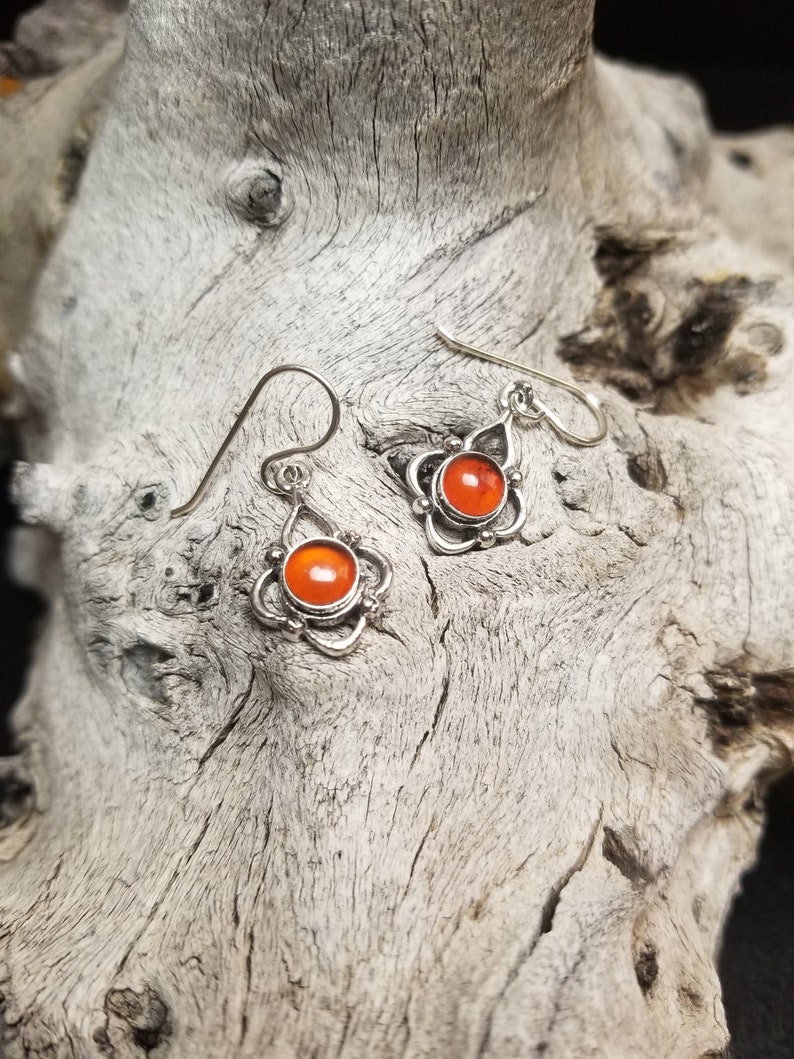 Natural Round Orange Aura Quartz Sterling Silver Dangle Earrings